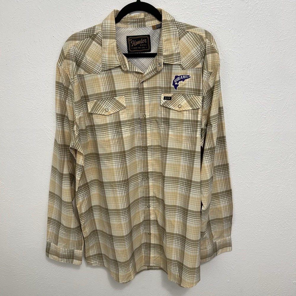 Howler Bros H Bar B Tech Long Sleeve Plaid Shirt Mens Size XL Pearl Snap Yellow